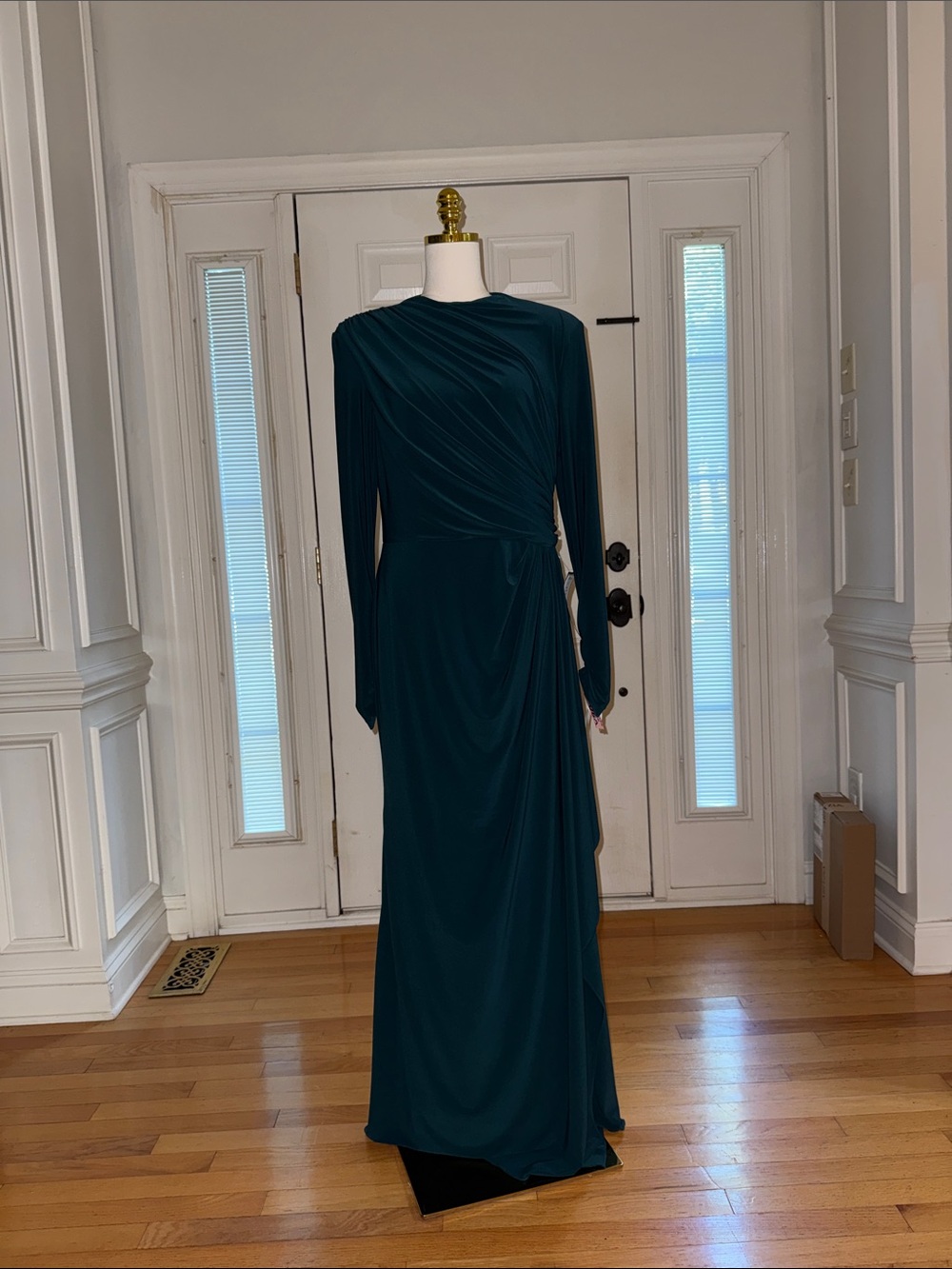 Betsy & Adam Teal Long-Sleeve Draped Gown 1/2 inch seam separation on back